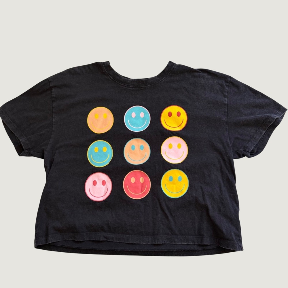 Obsessive Love Black Smiley Face Graphic‎ Crop Top Tee XL Multi Color Smileys